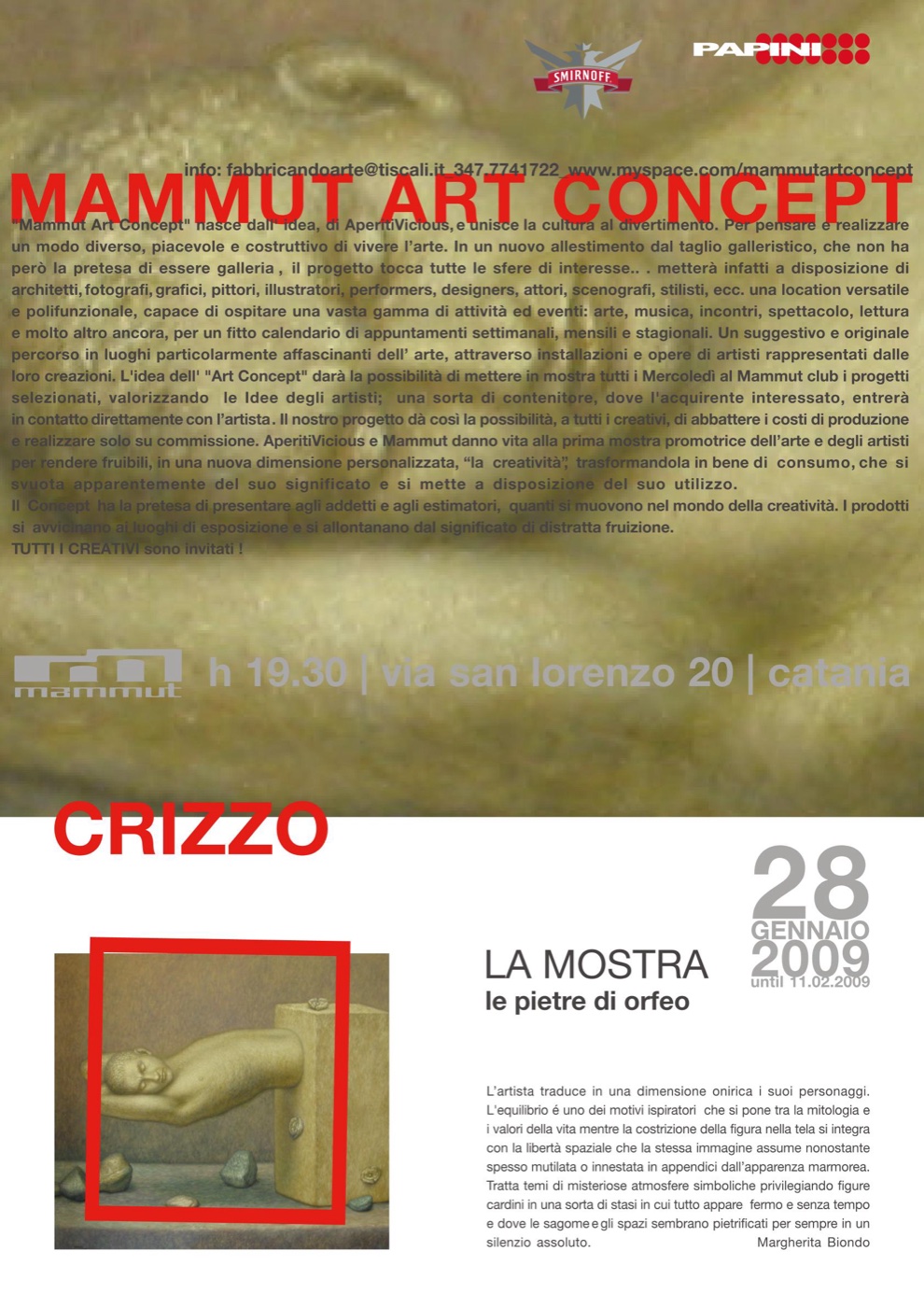 Locandina della mostra Le pietre di Orfeo, Mammut Art Concept, Catania, 28 gennaio 2009